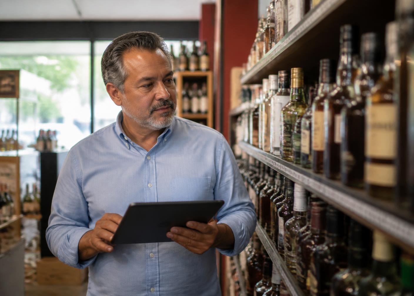 Independent liquor store owner reviewing NexServe on a tablet while checking bottles on the shelf.